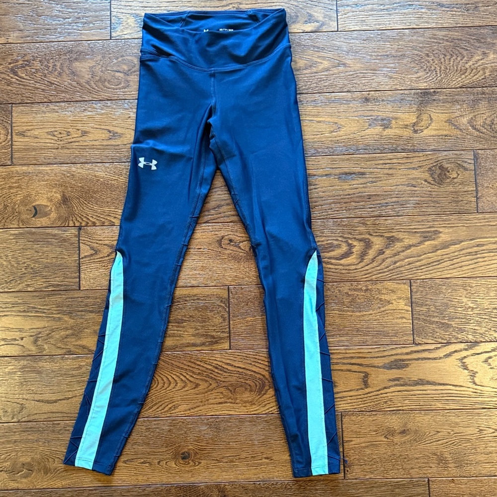 Under Armour Navy Leggings with Aqua Stripes, compression heat gear